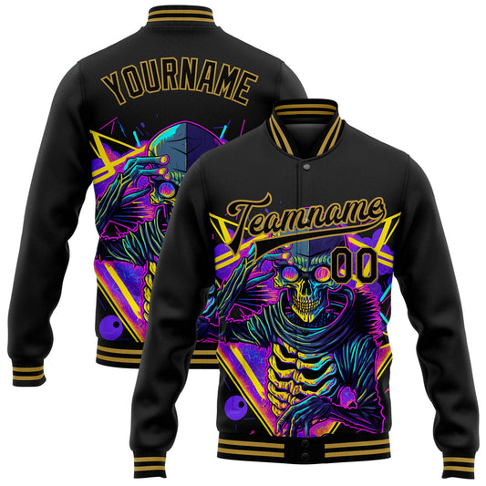 Custom Black Old Gold Psychedelic Skeleton Metal Apparel Dark Art 3D Bomber Full-Snap Varsity Letterman Jacket - Main View