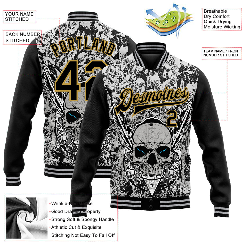 Custom Gray Black-Old Gold Skull With Feather 3D Bomber Full-Snap Varsity Letterman Two Tone Jacket view 5