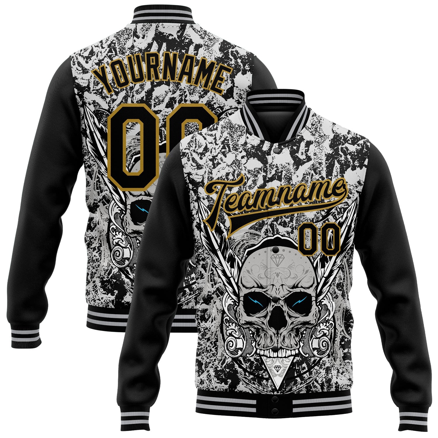 Custom Gray Black-Old Gold Skull With Feather 3D Bomber Full-Snap Varsity Letterman Two Tone Jacket - Main View
