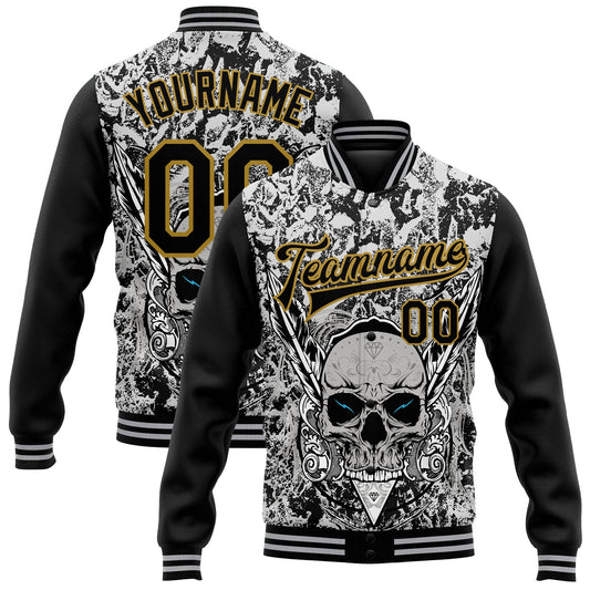 Custom Gray Black-Old Gold Skull With Feather 3D Bomber Full-Snap Varsity Letterman Two Tone Jacket - Main View