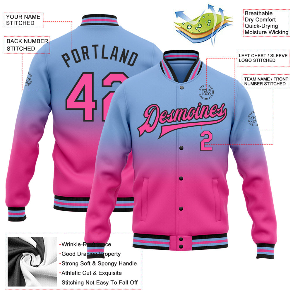 Custom Light Blue Pink-Black Bomber Full-Snap Varsity Letterman Fade Fashion Jacket view 5