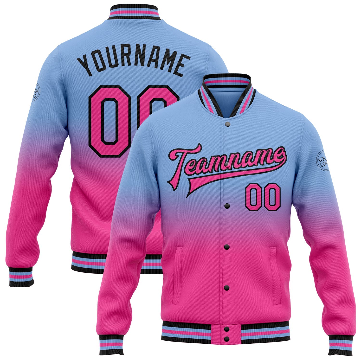 Custom Light Blue Pink-Black Bomber Full-Snap Varsity Letterman Fade Fashion Jacket - Main View