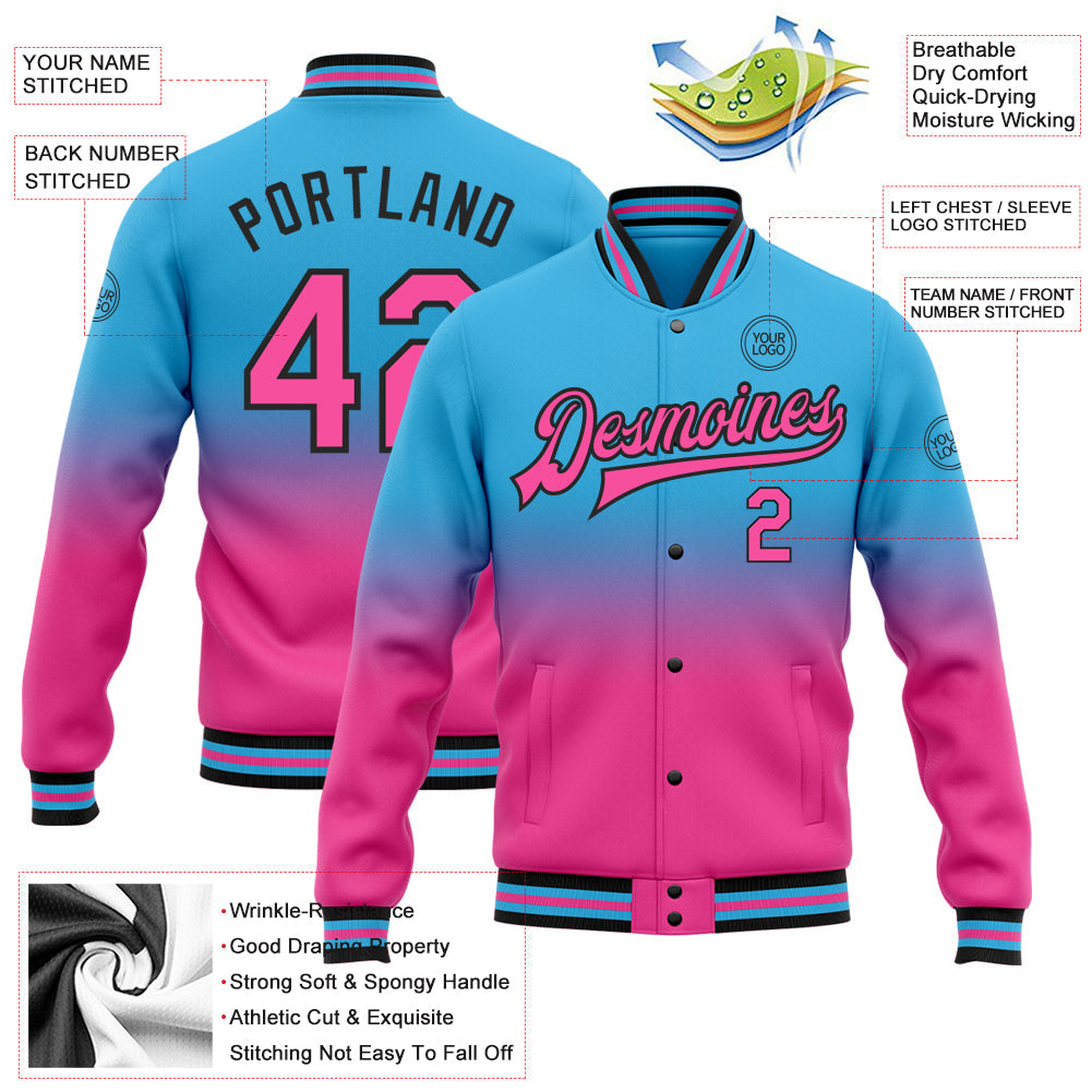 Custom Sky Blue Pink-Black Bomber Full-Snap Varsity Letterman Fade Fashion Jacket view 5