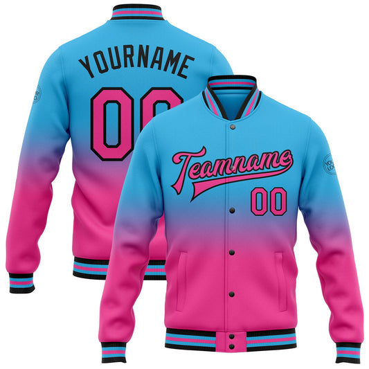 Custom Sky Blue Pink-Black Bomber Full-Snap Varsity Letterman Fade Fashion Jacket - Main View