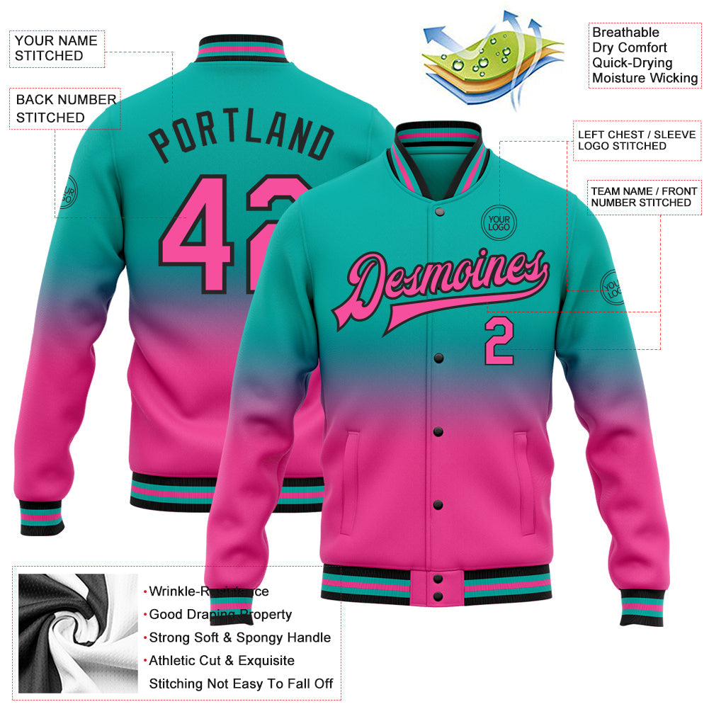 Custom Aqua Pink-Black Bomber Full-Snap Varsity Letterman Fade Fashion Jacket view 5