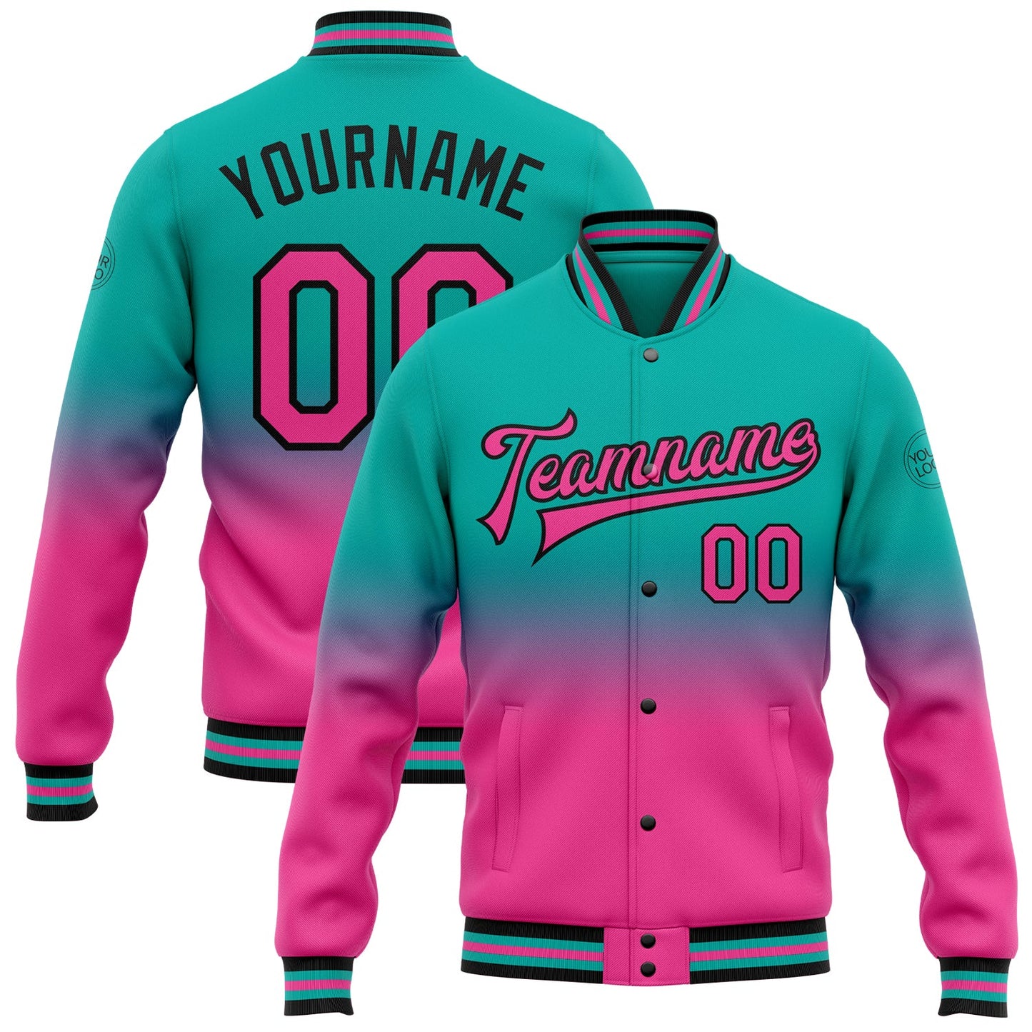Custom Aqua Pink-Black Bomber Full-Snap Varsity Letterman Fade Fashion Jacket - Main View