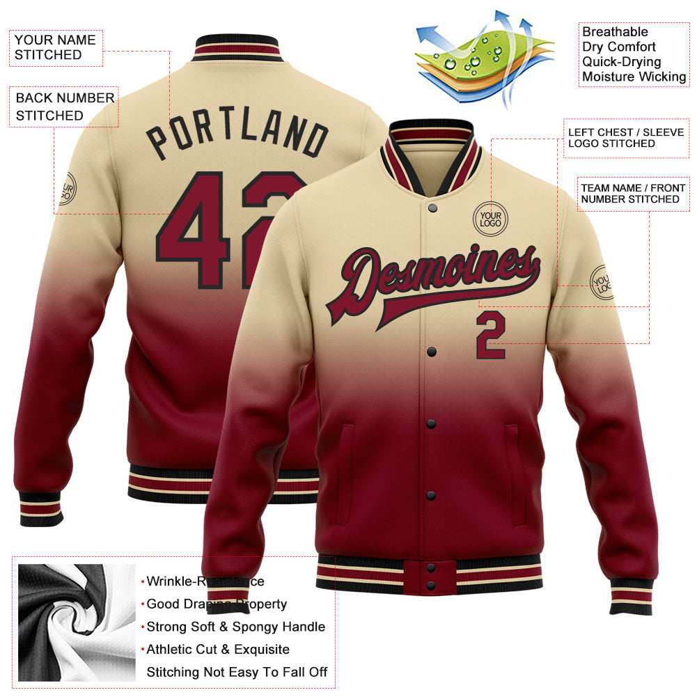 Custom City Cream Crimson-Black Bomber Full-Snap Varsity Letterman Fade Fashion Jacket view 5