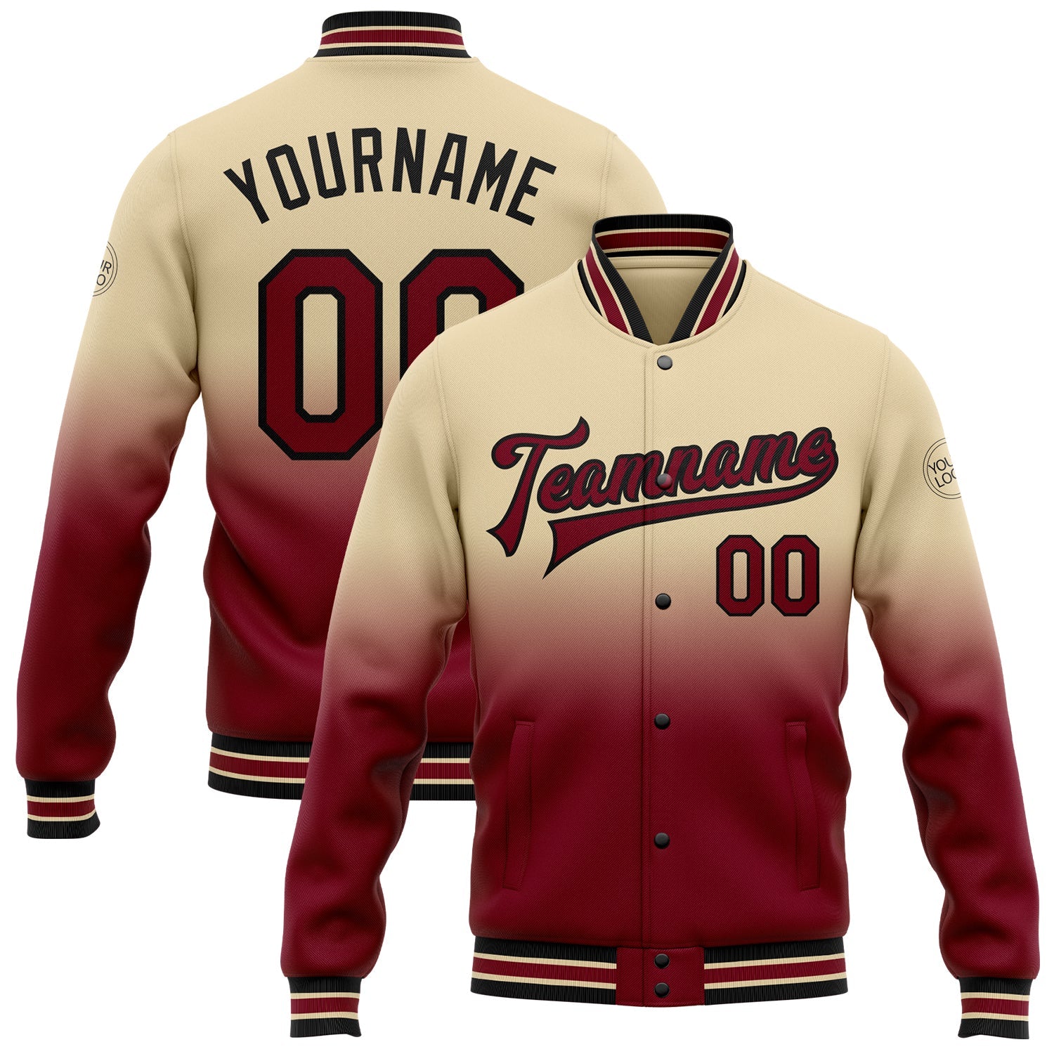 Custom City Cream Crimson-Black Bomber Full-Snap Varsity Letterman Fade Fashion Jacket - Main View