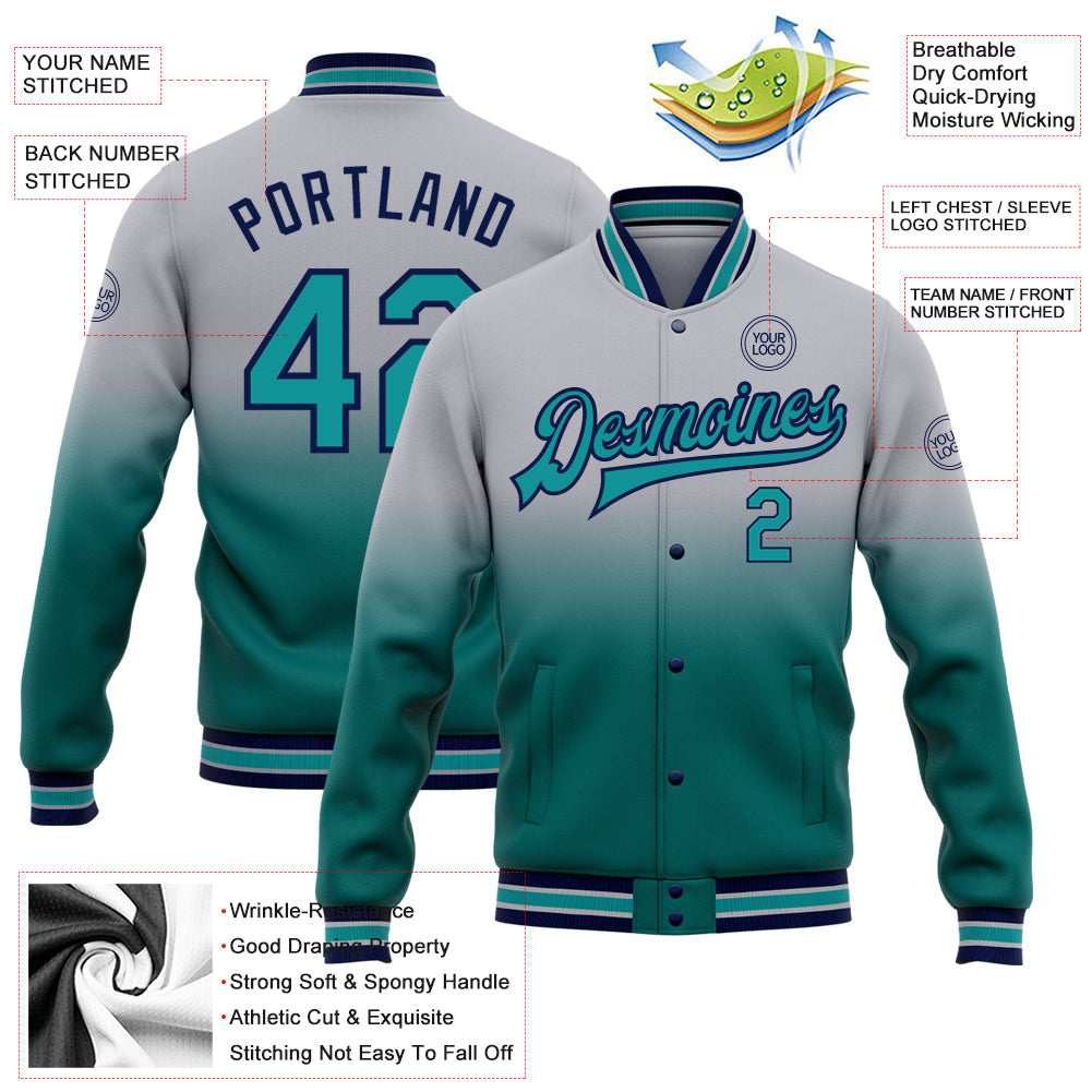 Custom Gray Teal-Navy Bomber Full-Snap Varsity Letterman Fade Fashion Jacket view 5