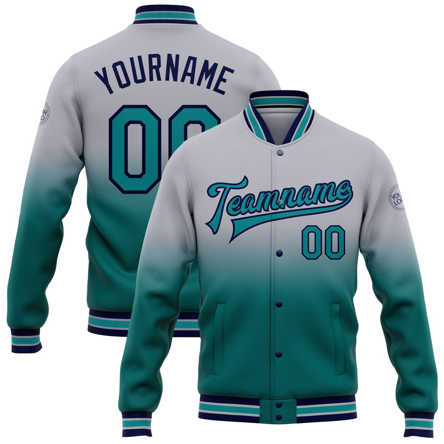 Custom Gray Teal-Navy Bomber Full-Snap Varsity Letterman Fade Fashion Jacket - Main View