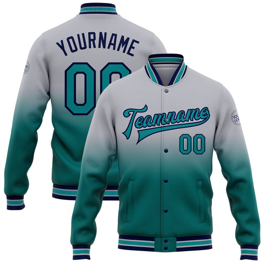 Custom Gray Teal-Navy Bomber Full-Snap Varsity Letterman Fade Fashion Jacket - Main View