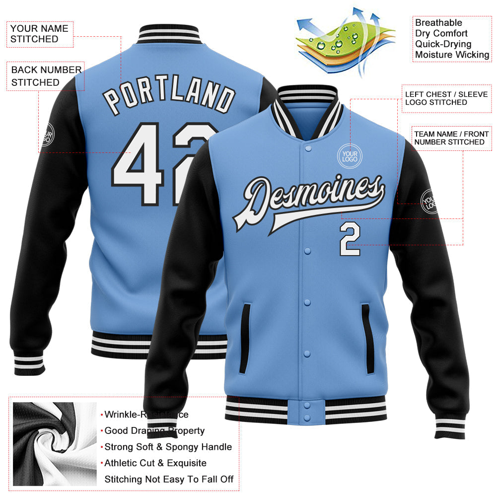 Custom Light Blue White-Black Bomber Full-Snap Varsity Letterman Two Tone Jacket view 5