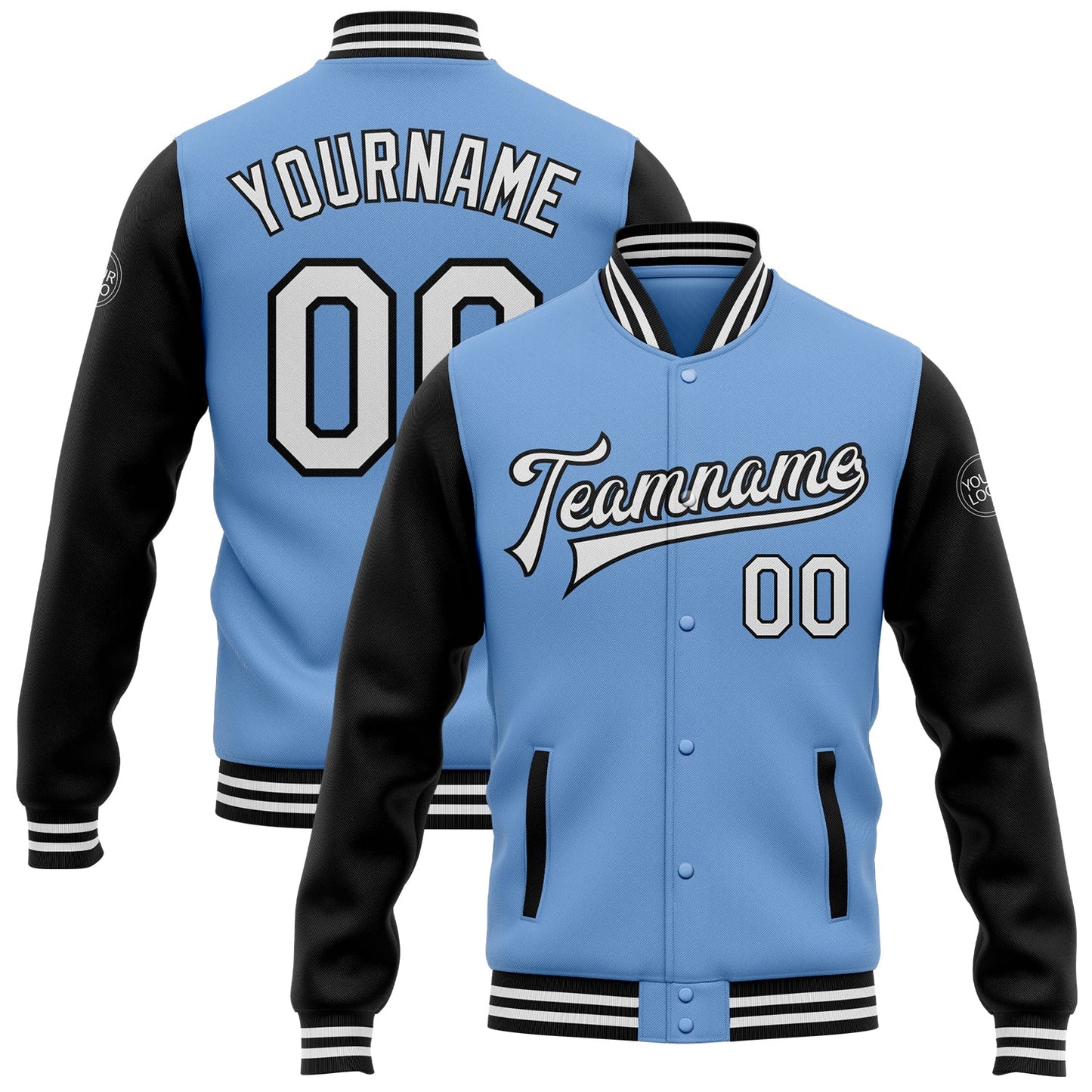 Custom Light Blue White-Black Bomber Full-Snap Varsity Letterman Two Tone Jacket - Main View