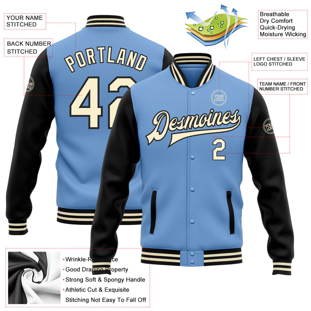 Custom Light Blue Cream-Black Bomber Full-Snap Varsity Letterman Two Tone Jacket view 5