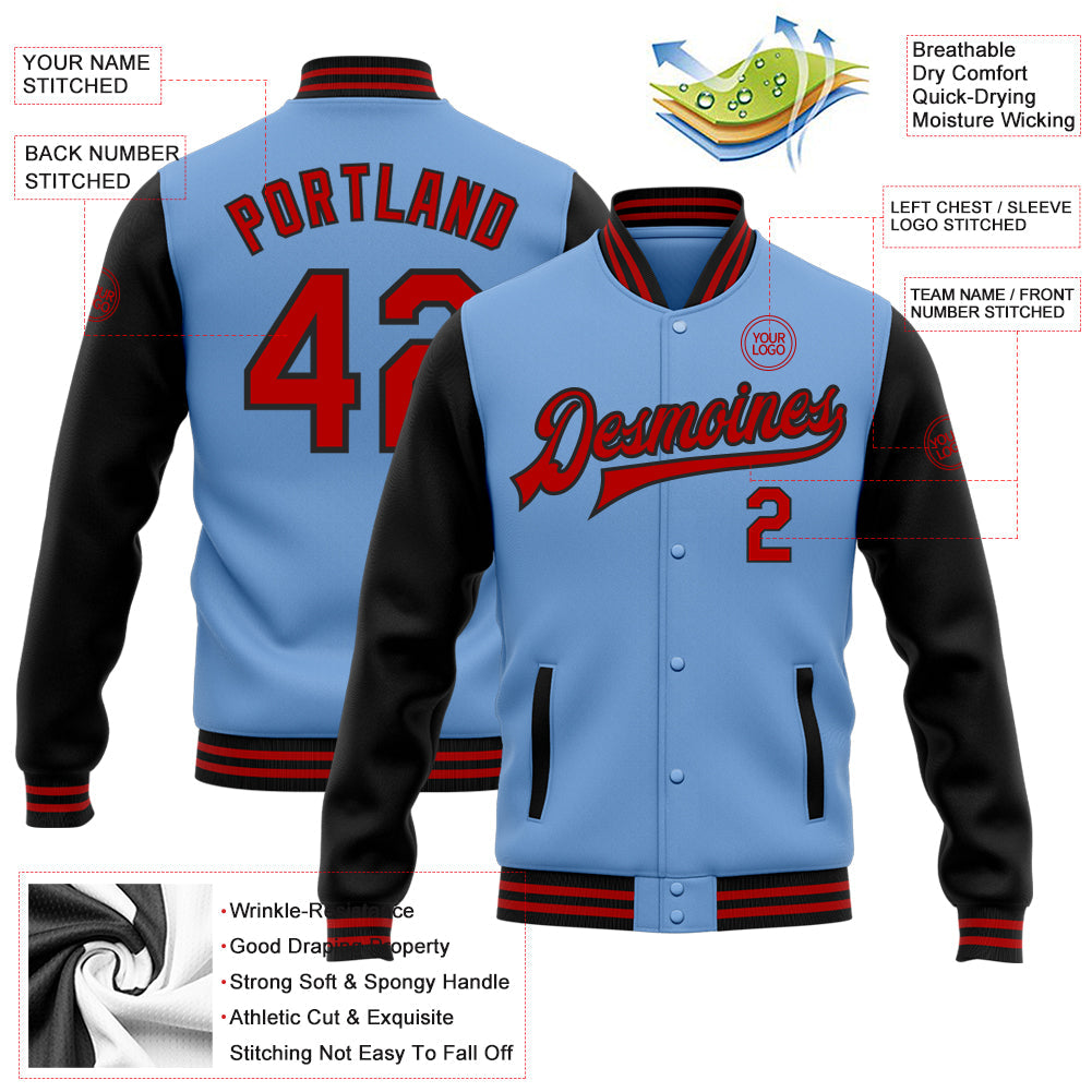 Custom Light Blue Red-Black Bomber Full-Snap Varsity Letterman Two Tone Jacket view 5