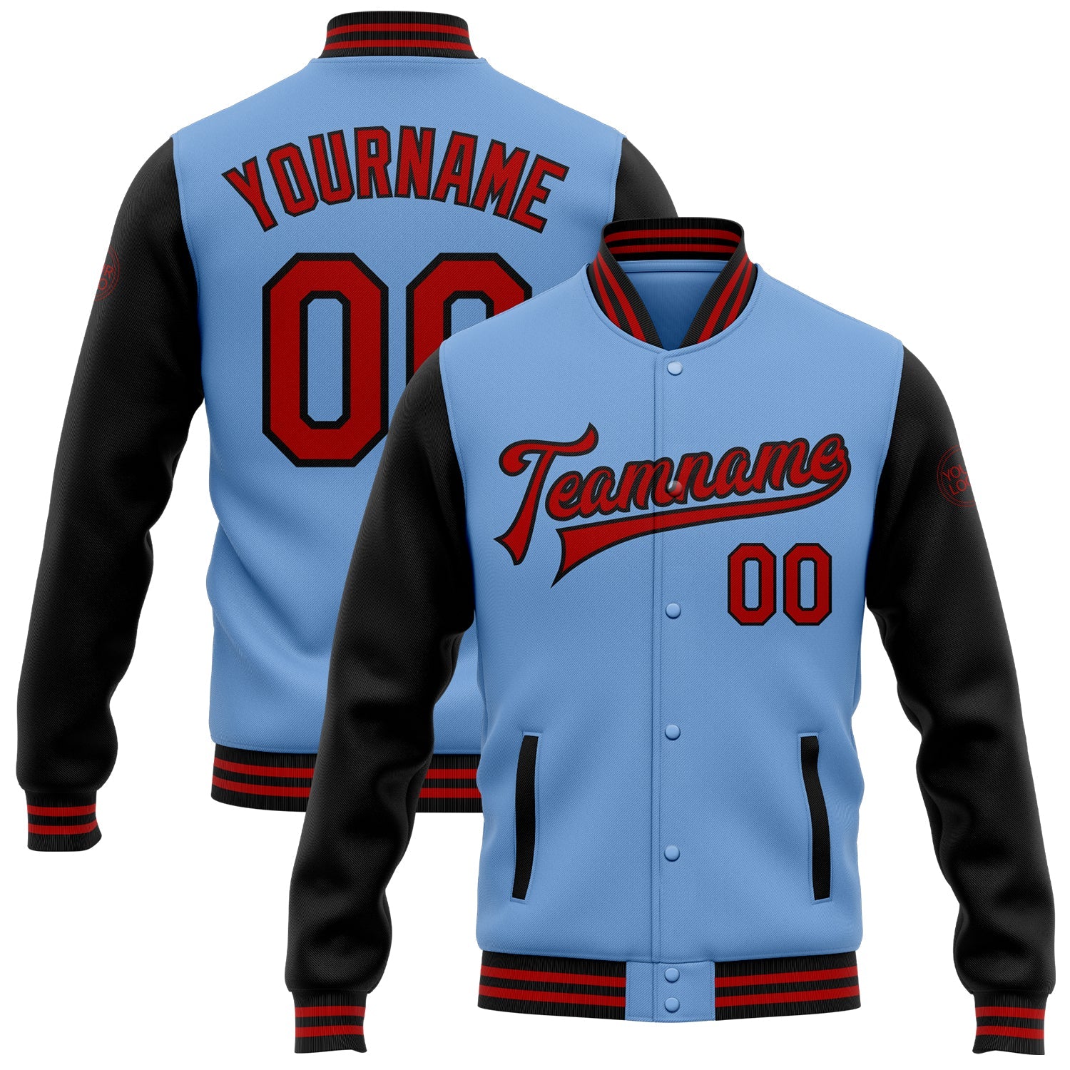 Custom Light Blue Red-Black Bomber Full-Snap Varsity Letterman Two Tone Jacket - Main View