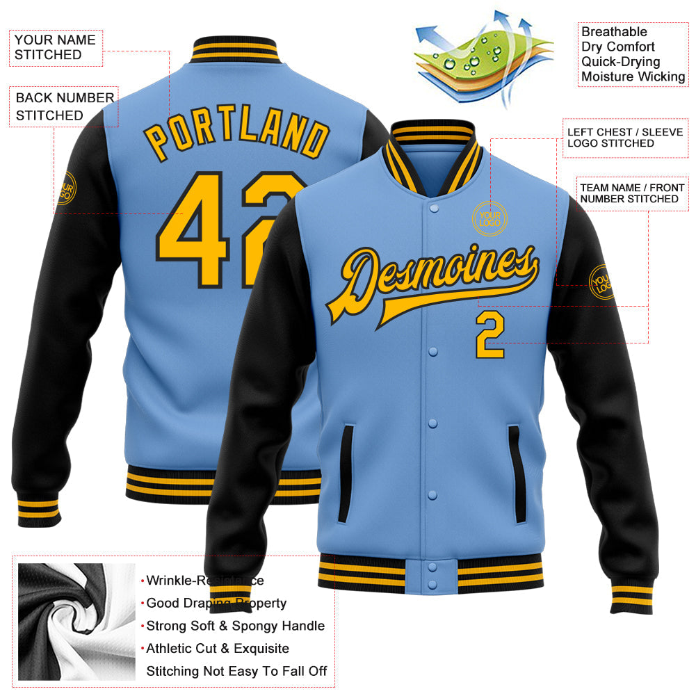 Custom Light Blue Gold-Black Bomber Full-Snap Varsity Letterman Two Tone Jacket view 5