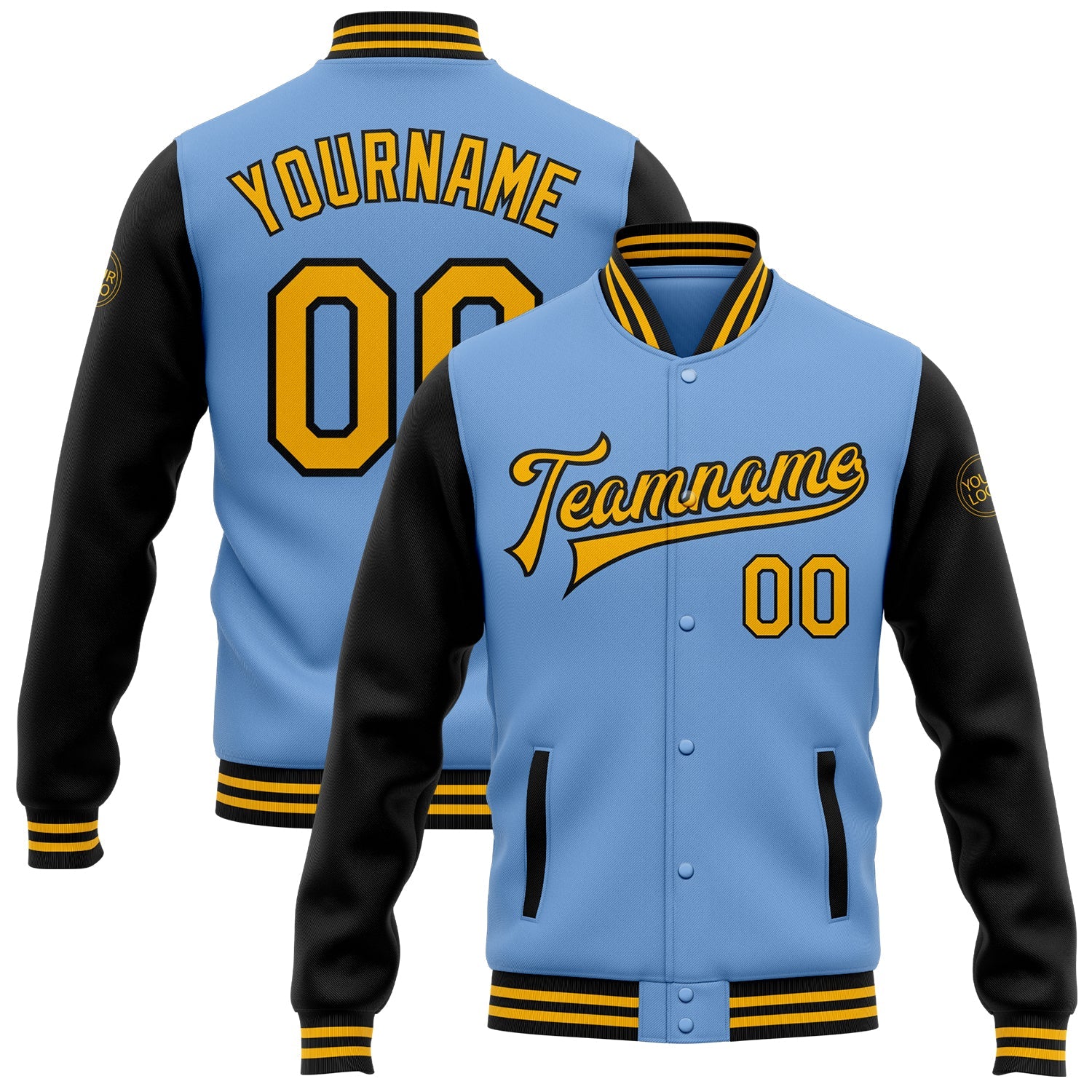 Custom Light Blue Gold-Black Bomber Full-Snap Varsity Letterman Two Tone Jacket - Main View