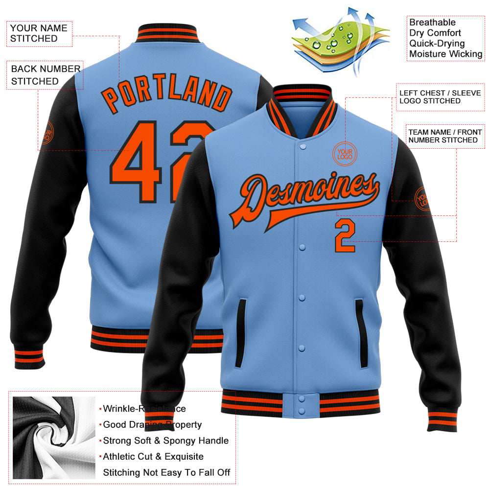 Custom Light Blue Orange-Black Bomber Full-Snap Varsity Letterman Two Tone Jacket view 5