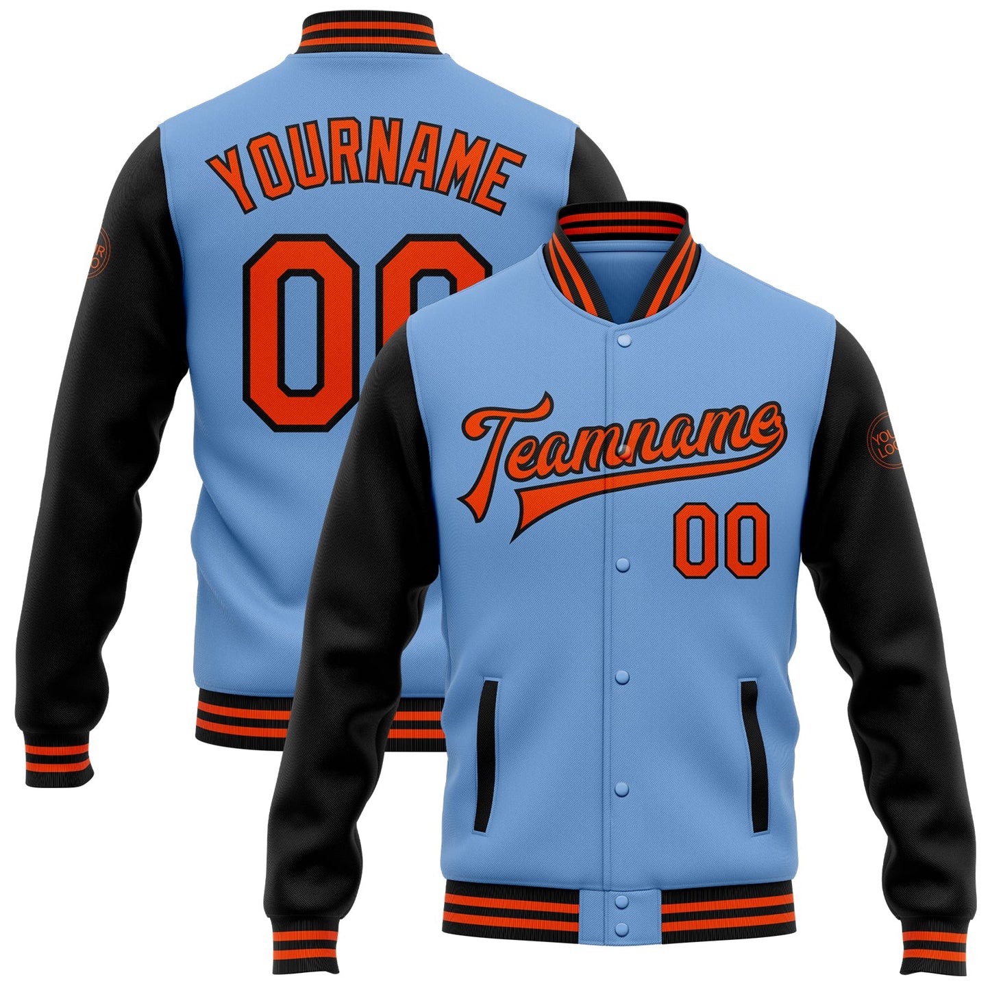 Custom Light Blue Orange-Black Bomber Full-Snap Varsity Letterman Two Tone Jacket - Main View