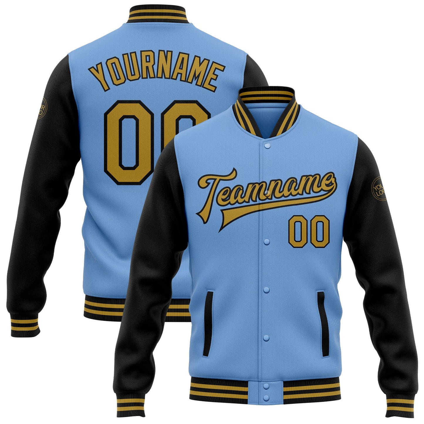 Custom Light Blue Old Gold-Black Bomber Full-Snap Varsity Letterman Two Tone Jacket - Main View