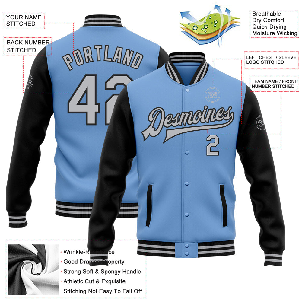 Custom Light Blue Gray-Black Bomber Full-Snap Varsity Letterman Two Tone Jacket view 5