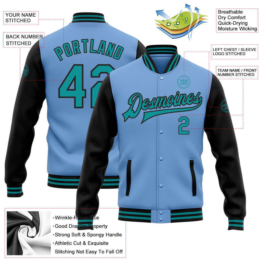 Custom Light Blue Teal-Black Bomber Full-Snap Varsity Letterman Two Tone Jacket view 5