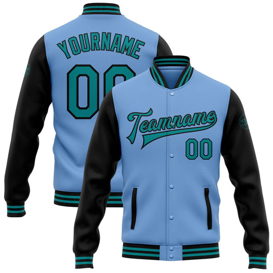 Custom Light Blue Teal-Black Bomber Full-Snap Varsity Letterman Two Tone Jacket - Main View