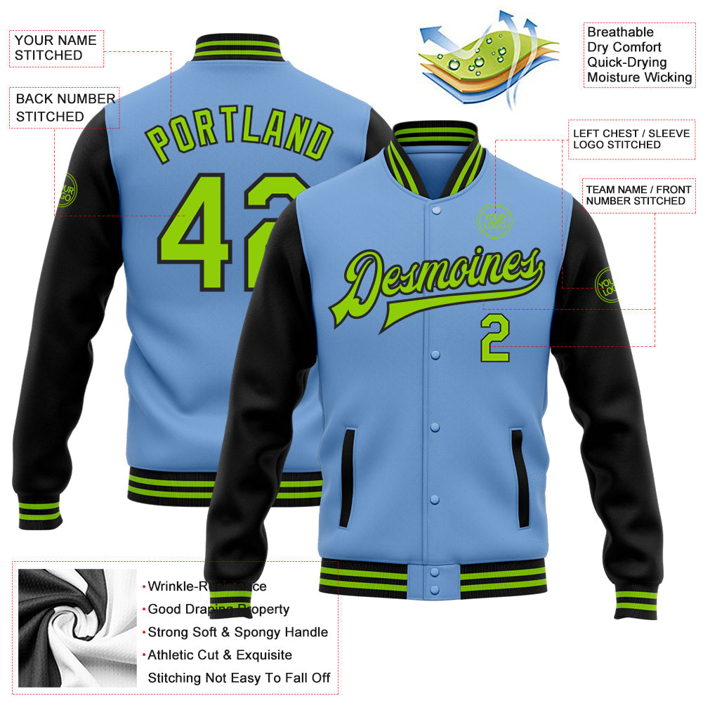 Custom Light Blue Neon Green-Black Bomber Full-Snap Varsity Letterman Two Tone Jacket view 5