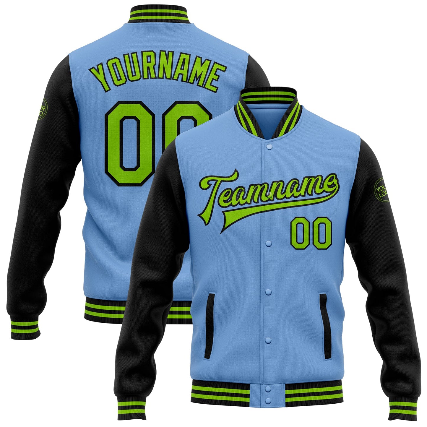 Custom Light Blue Neon Green-Black Bomber Full-Snap Varsity Letterman Two Tone Jacket - Main View