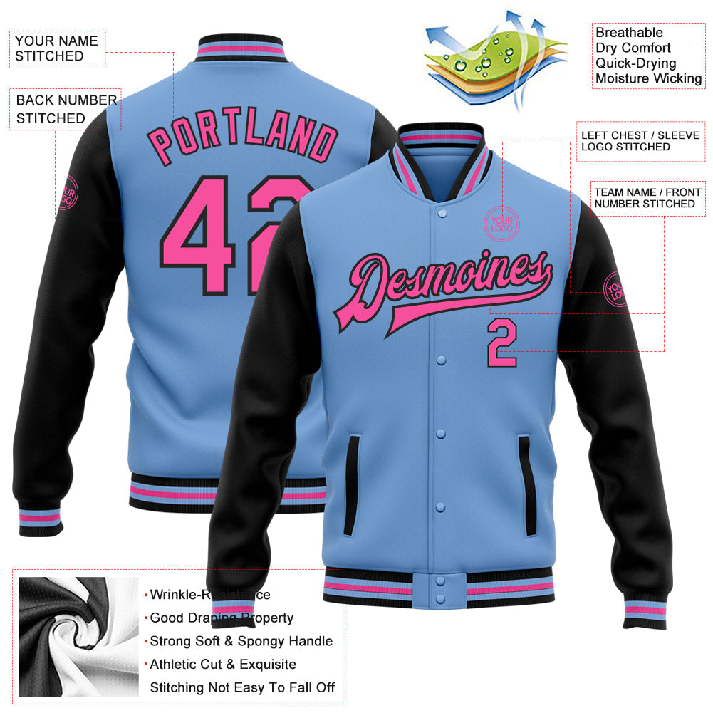 Custom Light Blue Pink-Black Bomber Full-Snap Varsity Letterman Two Tone Jacket view 5