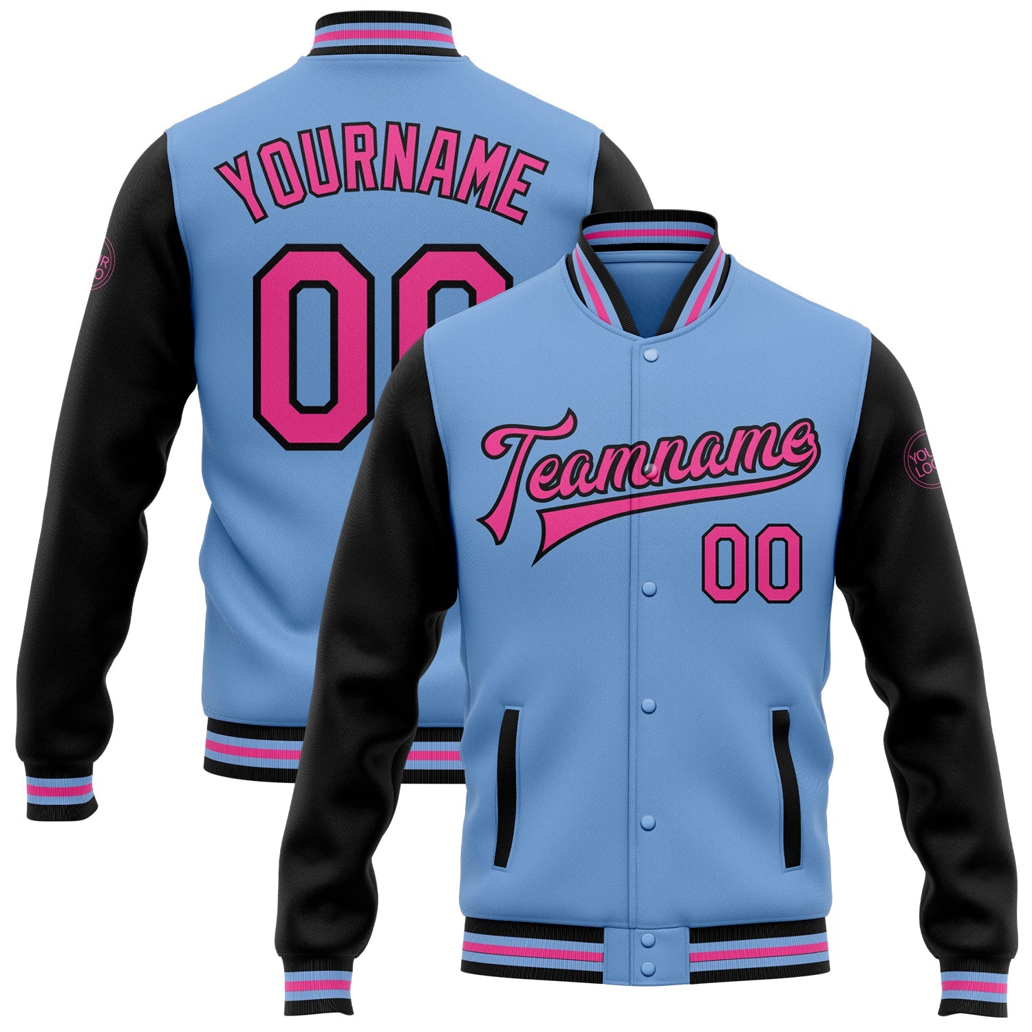 Custom Light Blue Pink-Black Bomber Full-Snap Varsity Letterman Two Tone Jacket - Main View
