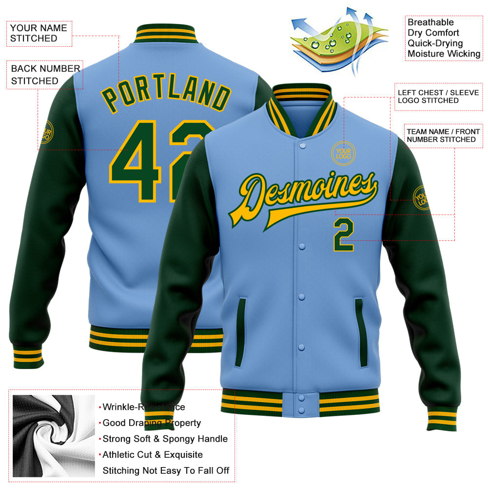 Custom Light Blue Green-Gold Bomber Full-Snap Varsity Letterman Two Tone Jacket view 5
