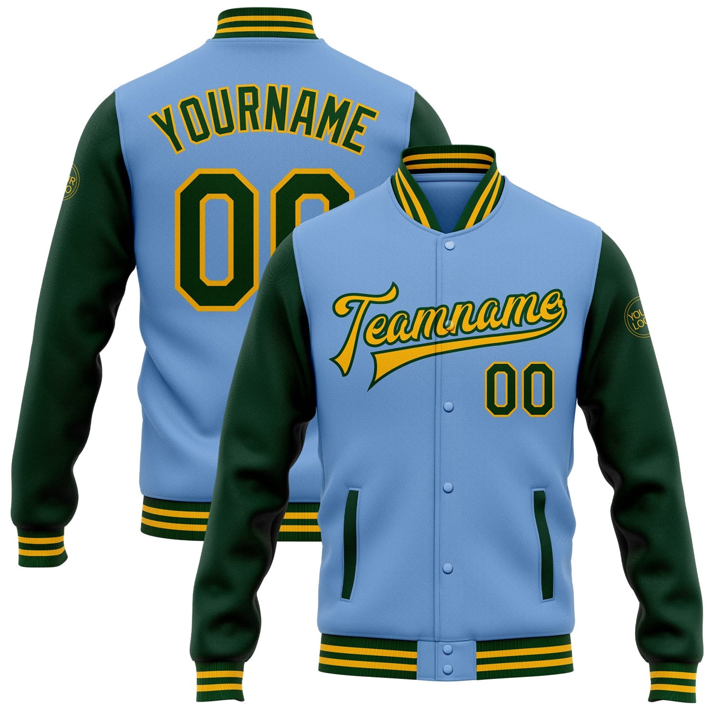 Custom Light Blue Green-Gold Bomber Full-Snap Varsity Letterman Two Tone Jacket - Main View