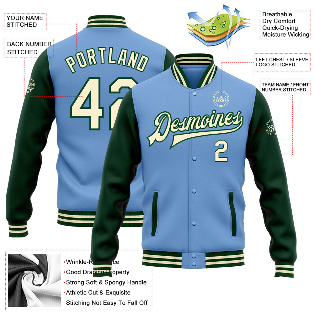 Custom Light Blue Cream-Green Bomber Full-Snap Varsity Letterman Two Tone Jacket view 5