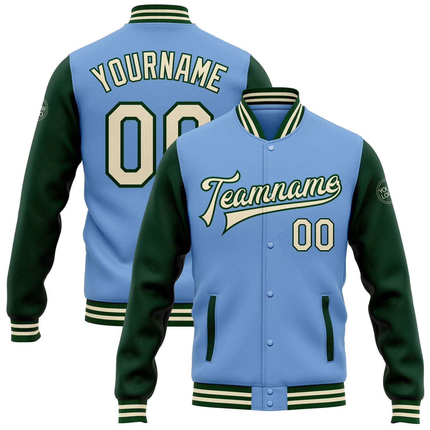 Custom Light Blue Cream-Green Bomber Full-Snap Varsity Letterman Two Tone Jacket - Main View