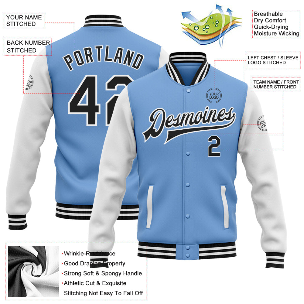 Custom Light Blue Black-White Bomber Full-Snap Varsity Letterman Two Tone Jacket view 5