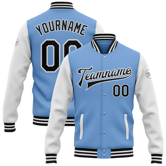 Custom Light Blue Black-White Bomber Full-Snap Varsity Letterman Two Tone Jacket - Main View
