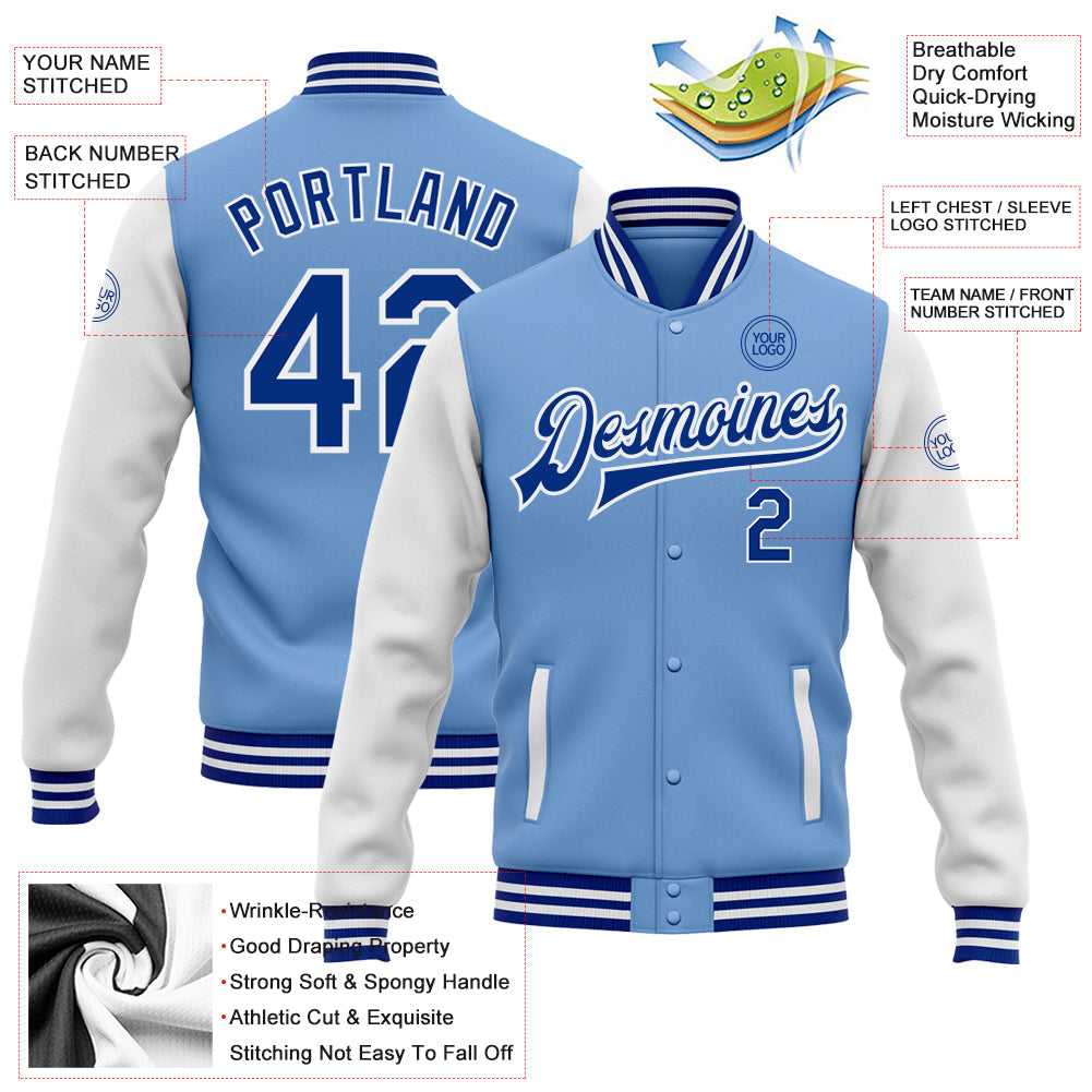 Custom Light Blue Royal-White Bomber Full-Snap Varsity Letterman Two Tone Jacket view 5
