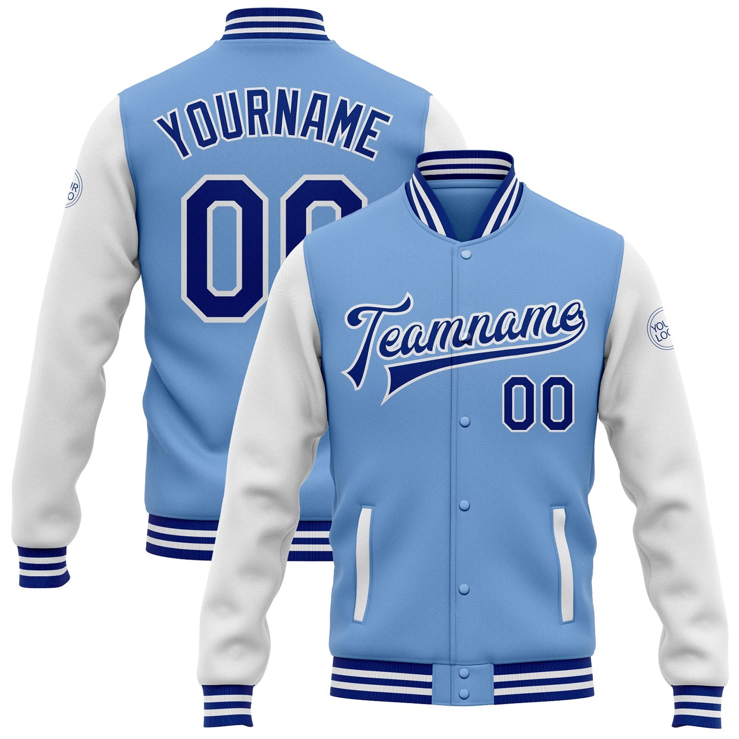 Custom Light Blue Royal-White Bomber Full-Snap Varsity Letterman Two Tone Jacket - Main View