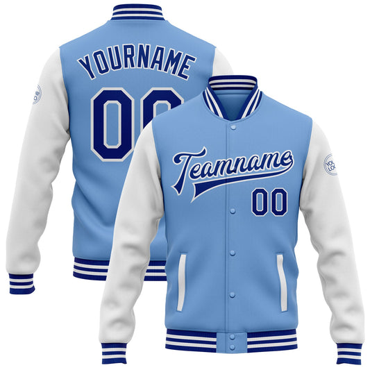 Custom Light Blue Royal-White Bomber Full-Snap Varsity Letterman Two Tone Jacket - Main View
