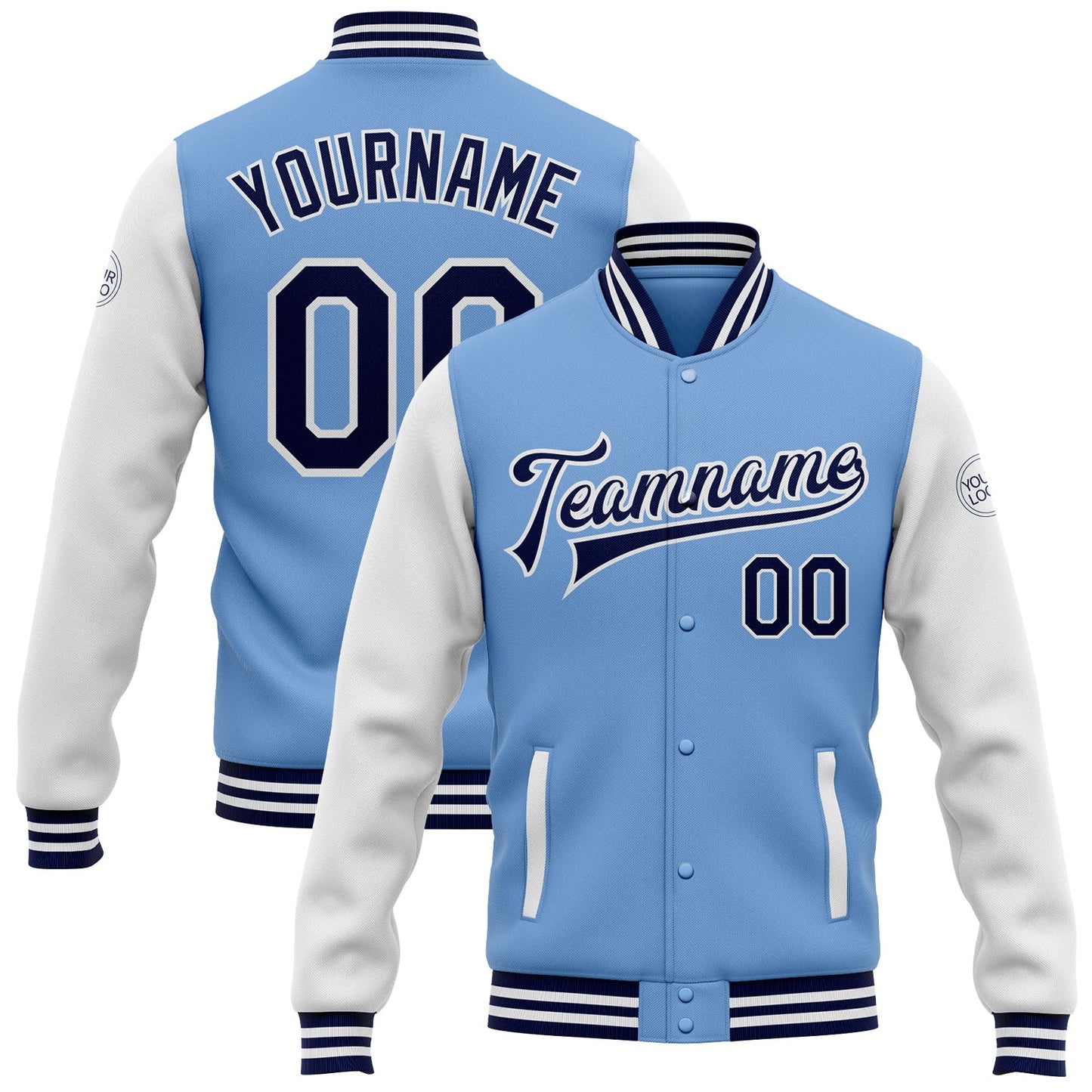 Custom Light Blue Navy-White Bomber Full-Snap Varsity Letterman Two Tone Jacket - Main View
