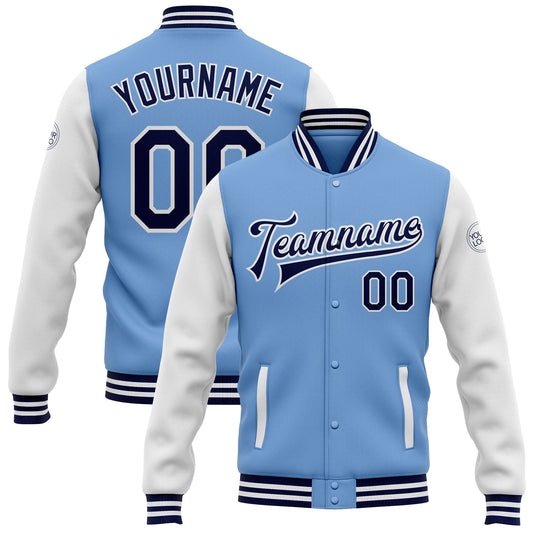 Custom Light Blue Navy-White Bomber Full-Snap Varsity Letterman Two Tone Jacket - Main View