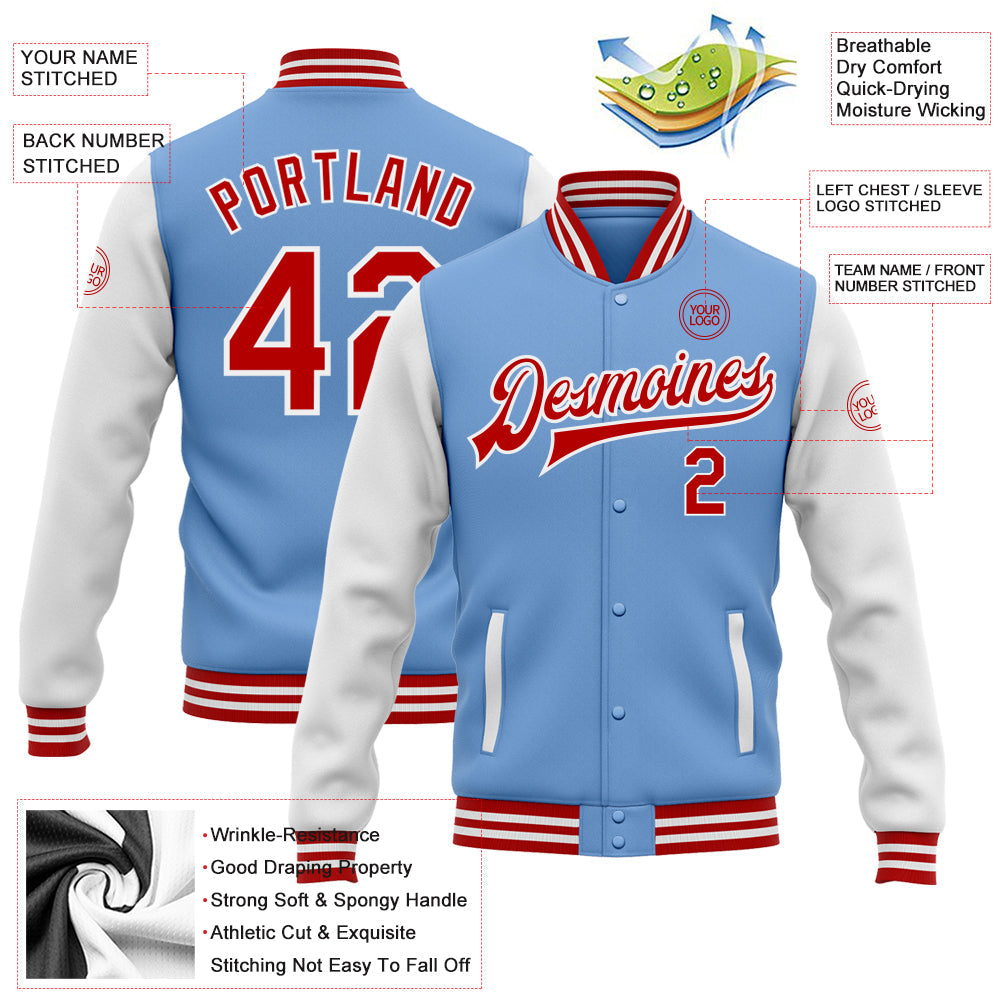 Custom Light Blue Red-White Bomber Full-Snap Varsity Letterman Two Tone Jacket view 5