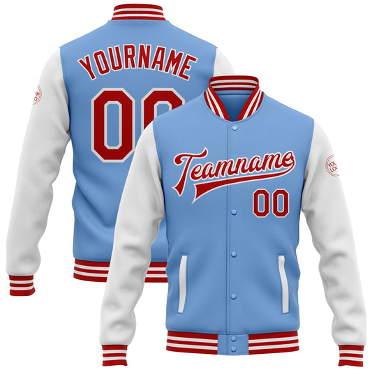 Custom Light Blue Red-White Bomber Full-Snap Varsity Letterman Two Tone Jacket - Main View