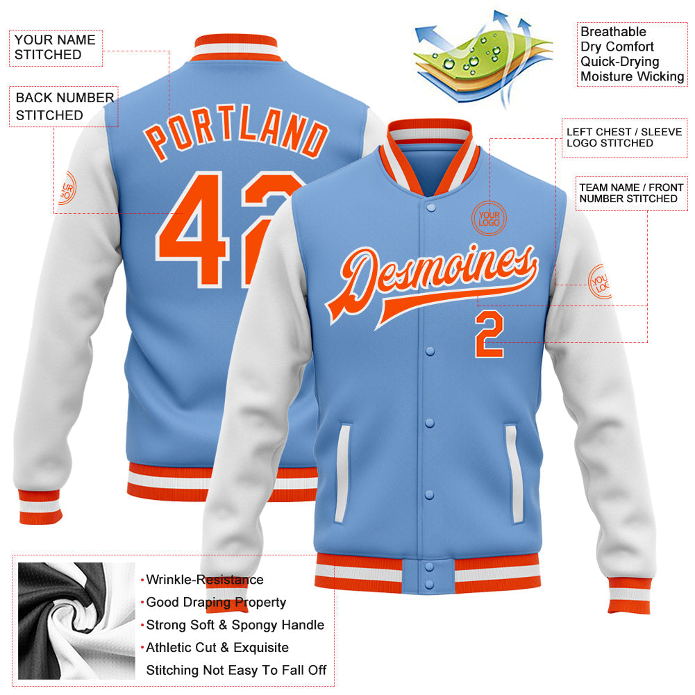 Custom Light Blue Orange-White Bomber Full-Snap Varsity Letterman Two Tone Jacket view 5