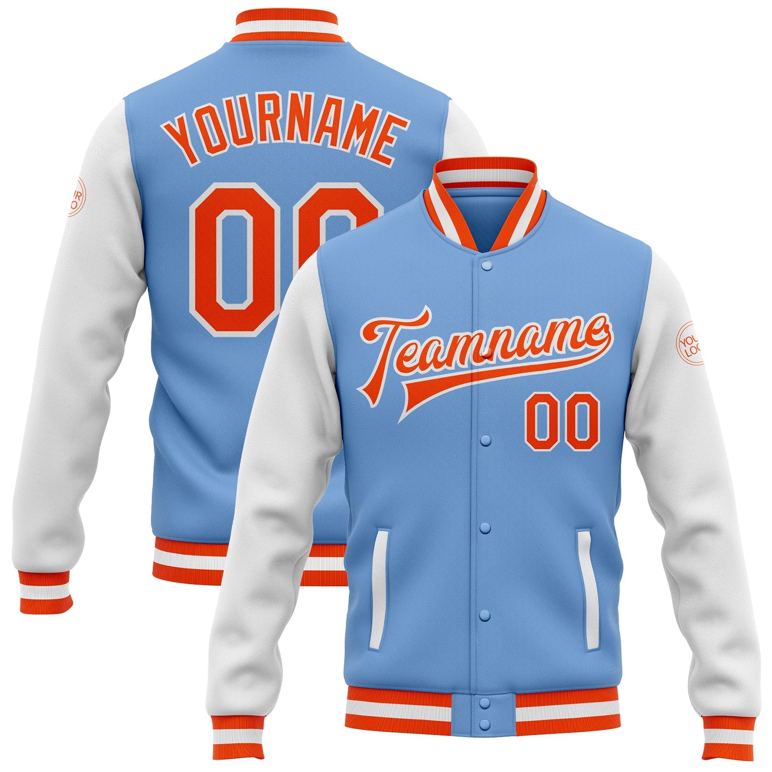 Custom Light Blue Orange-White Bomber Full-Snap Varsity Letterman Two Tone Jacket - Main View