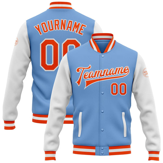 Custom Light Blue Orange-White Bomber Full-Snap Varsity Letterman Two Tone Jacket - Main View