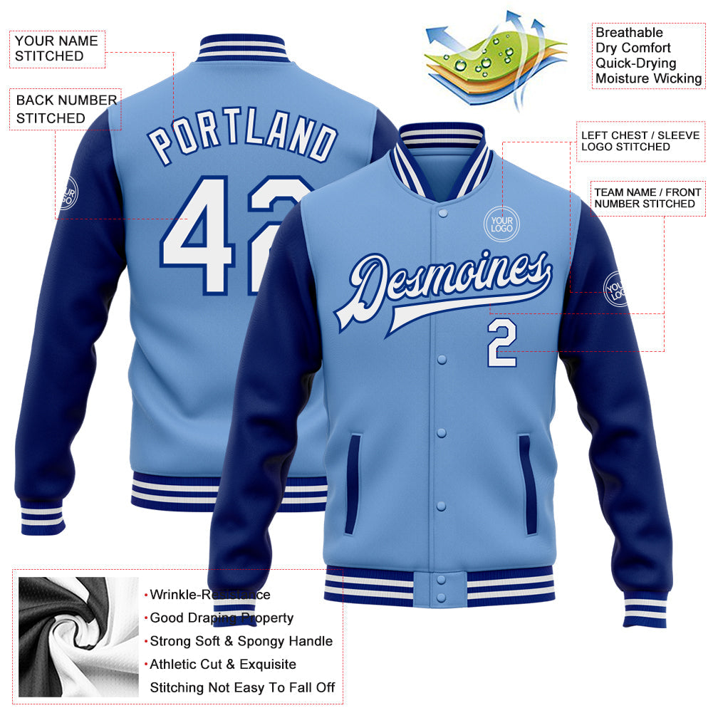 Custom Light Blue White-Royal Bomber Full-Snap Varsity Letterman Two Tone Jacket view 5