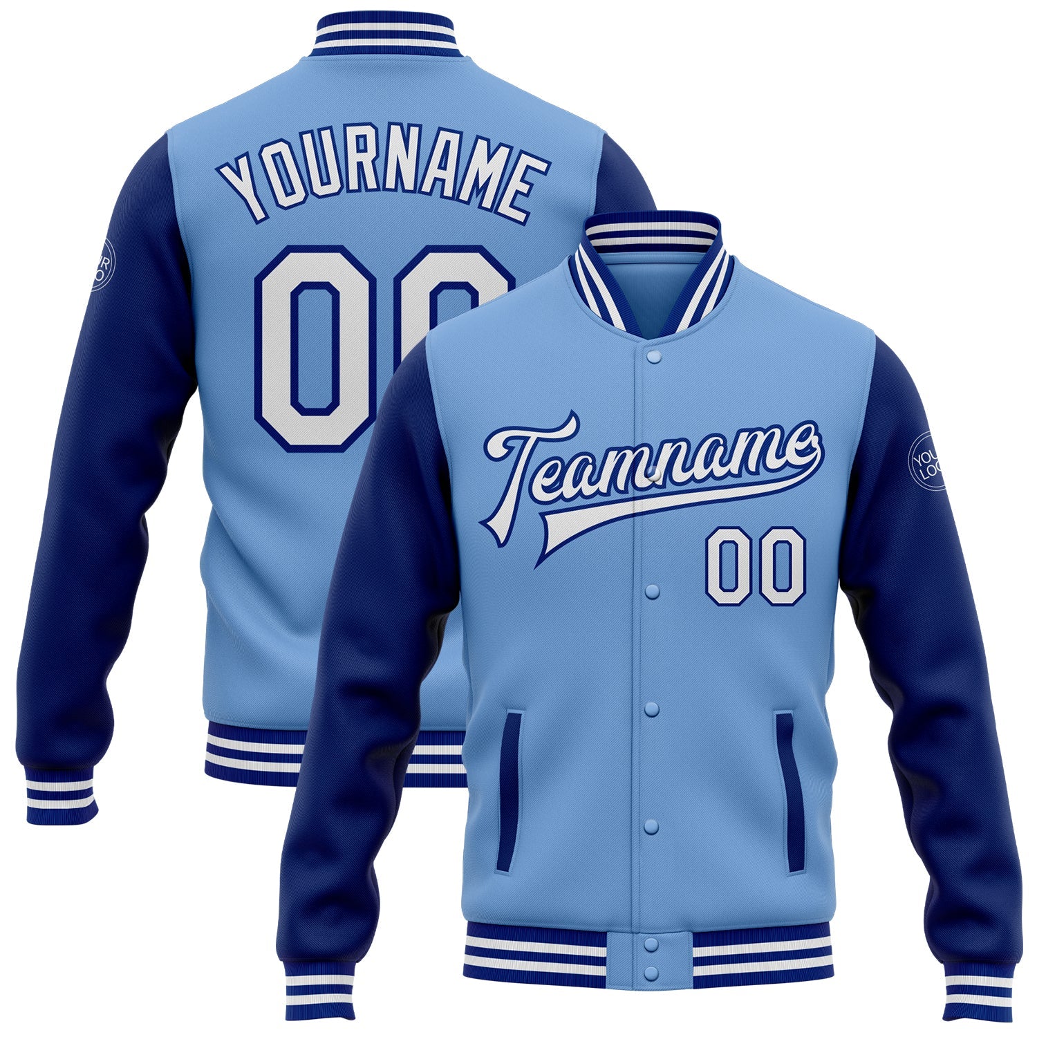 Custom Light Blue White-Royal Bomber Full-Snap Varsity Letterman Two Tone Jacket - Main View